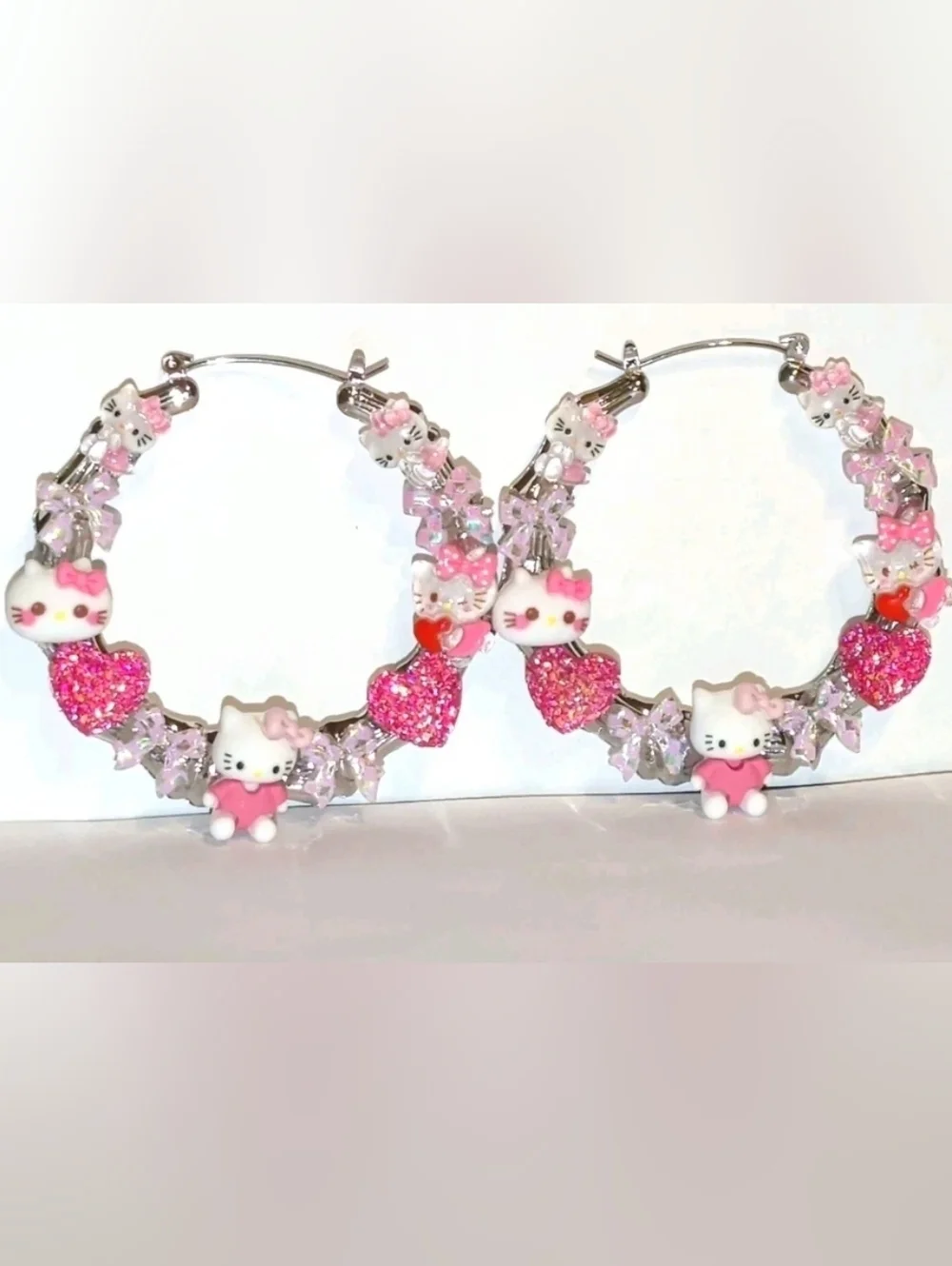 Hand Crafted Pink Hello Kitty Crystal Heart Hoop Earrings